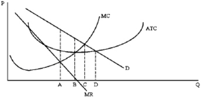Which of the letters below represent the quantities of profit maximization,productive efficiency,and allocative efficiency?   A)  B = profit maximization; C = productive efficiency; D = allocative efficiency B)  B = profit maximization; D = productive efficiency; C = allocative efficiency C)  A = profit maximization; C = productive efficiency; B = allocative efficiency D)  A = profit maximization; B = productive efficiency; C = allocative efficiency