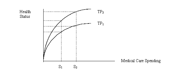 The accompanying diagram depicts the relationship between health status and medical care spending for a particular country.Which of the following statements is true?   A) At the current spending level of S<sub>1</sub> on TP<sub>1</sub>, this society can get a greater improvement in health status by increasing spending to S<sub>2</sub> than by shifting TP to TP<sub>2</sub>. B) S<sub>1</sub> levels of spending may be described as spending on the flat-of-the-curve. C) Social pressures will move the health care system to spend S<sub>2</sub>. D) All statements are true. E) All statements are false.