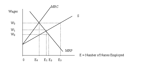 Suppose the market for nursing services in a local community is so dominated by a singly community hospital that for all practical purposes it is considered a monopsony.Using the diagram below    -If the market were perfectly competitive instead of dominated by a monopsonist, what would the equilibrium wage and level of employment be? A) W<sub>1</sub> and E<sub>1</sub>. B) W<sub>2</sub> and E<sub>0</sub>. C) W<sub>0</sub> and E<sub>0</sub>. D) W<sub>0</sub> and E<sub>1</sub>. E) W<sub>0</sub> and E<sub>2</sub>.