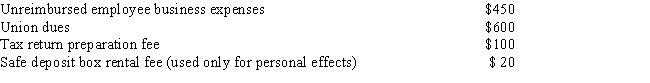 Peter is a plumber employed by a major contracting firm. During the current year, he paid the following miscellaneous expenses: If Peter were to itemize his deductions for the current year, what amount could he claim as miscellaneous itemized deductions (before applying the 2 percent of adjusted gross income limitation) ?   A) $100 B) $550 C) $1,070 D) $1,150 E) None of the above