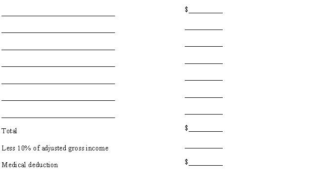 During 2016, Sarah, age 29, had adjusted gross income of $12,000 and paid the following amounts for medical expenses: In 2016, Sarah drove 137 miles for medical transportation in her personal automobile, and she uses the standard mileage allowance. Her insurance company reimbursed Sarah $300 during the year for the above medical expenses. Using the schedule below, calculate the amount of Sarah's deduction for medical and dental expenses for the 2016 tax year.    <div style=padding-top: 35px> 