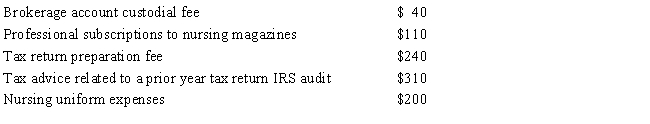 During the current tax year, Ruth, a nurse at Dr. Pan's office, incurred the following expenses: If Ruth's adjusted gross income is $29,000, calculate her net miscellaneous deductions after the adjusted gross income percentage limitation.   