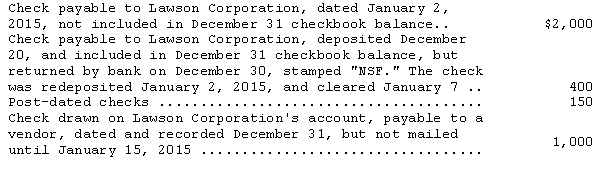 Lawson Corporation's checkbook balance on December 31,2014,was $8,000.In addition,Lawson held the following items in its safe on December 31:   The proper amount to be shown as cash on Lawson's balance sheet at December 31,2014,is A) $7,600. B) $8,000. C) $8,600. D) $9,750. 