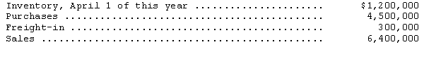 The following information is available for the Crystal Company for the three months ended June 30 of this year:   The gross margin was 25 percent of sales.What is the estimated inventory balance at June 30? A) $880,000 B) $933,000 C) $1,200,000 D) $1,500,000 