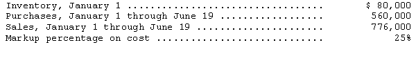 On June 19,2014,a fire destroyed the entire uninsured merchandise inventory of the Shelf Merchandising Company.The following data are available:   What is the approximate inventory loss as a result of the fire? A) $19,200 B) $27,200 C) $34,000 D) $58,000 