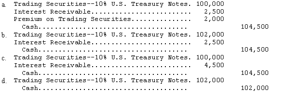 On April 1,2014,Ziba Inc.purchased as a temporary investment $100,000,face amount,10% U.S.Treasury notes; they pay interest semiannually on January 1 and July 1.The notes were purchased at 102.Which of the following entries correctly records this purchase?   