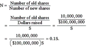D Explanation: Value for one right = R = $1. Stock price, rights on = M<sub>0</sub> = $50. Subscription = S = ? (1) (2) Substitute (2) into (1): Stock price, ex-rights = M<sub>e</sub> = M<sub>0</sub> − R = $50 − $1 = $49.