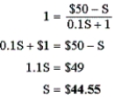 D Explanation: Value for one right = R = $1. Stock price, rights on = M<sub>0</sub> = $50. Subscription = S = ? (1) (2) Substitute (2) into (1): Stock price, ex-rights = M<sub>e</sub> = M<sub>0</sub> − R = $50 − $1 = $49.
