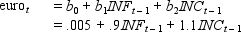 Sulsa Inc. uses fundamental forecasting. Using regression analysis, it has determined the following equation for the euro:   The most recent quarterly percentage change in the inflation differential between the U.S. and Europe was 2 percent, while the most recent quarterly percentage change in the income growth differential between the U.S. and Europe was -1 percent. Based on this information, the forecast for the euro is a(n)  ____ of ____%. A)  appreciation; 3.4 B)  depreciation; 3.4 C)  appreciation; 0.7 D)  appreciation; 1.2