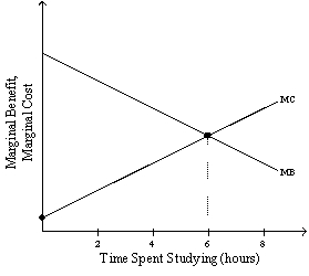 Exhibit 1-1   -Refer to Exhibit 1-1.If the student whose study habits are illustrated here is currently studying for the 2nd hour she should A)  cut back on the number of hours she is studying because the marginal benefit of studying for the 2nd hour is less than the marginal cost of doing so. B)  cut back on the number of hours she is studying because the marginal benefit of studying for the 2nd hour is greater than the marginal cost of doing so. C)  increase the number of hours she is studying because the marginal benefit of studying for the 2nd hour is less than the marginal cost of doing so. D)  increase the number of hours she is studying because the marginal benefit of studying for the 2ndhour is greater than the marginal cost of doing so.