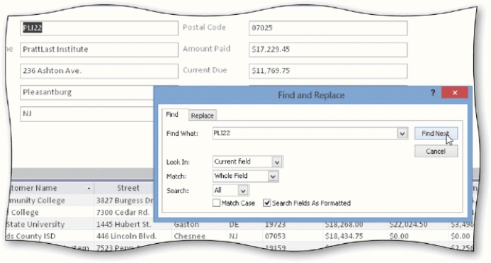   -To search for a specific record tap or click the ____ button on the HOME tab to display the Find and Replace dialog box shown in the accompanying figure. A)  Search B)  Filter C)  Search and Edit D)  Find