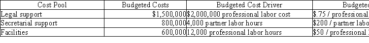 Lawrence and Louis Law Firm uses activity-based costing to determine the costs of its cases.Information about costs follow:   The Laurel case required 60 professional hours,20 of which were partner hours,and labor costs totaled $10,000.If direct costs relating to the case were $1,000,what were the total costs of the Laurel case? A) $23,000 B) $25,500 C) $21,500 D) $15,500