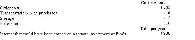 The following data refer to various annual costs relating to the inventory of a single-product company that requires 10,000 units per year:   What is the annual carrying cost per unit? A) $ .21 B) $ .29 C) $ .34 D) $ .44