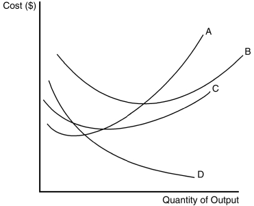 Figure 13-6 The curves below reflect information about the cost structure of a firm.    -Refer to Figure 13-6.Which of the curves is most likely to represent average variable cost? A) A B) B C) C D) D