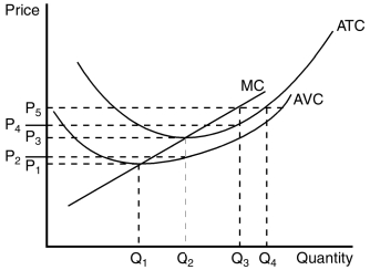 Figure 14-4 The figure below depicts the cost structure of a firm in a competitive market.    -Refer to Figure 14-4.Firms would be encouraged to enter this market for all prices that exceed A) P₁. B) P₂. C) P₃. D) None of the above is correct.