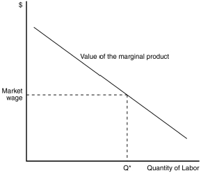 The figure represents the value of marginal product for a firm that sells its product in a competitive market. Figure 18-1    -Refer to Figure 18-1.The value of the marginal product curve shown in this figure is the same as which of the following? A) the labor supply curve B) the labor demand curve C) the marginal revenue curve D) the total revenue curve