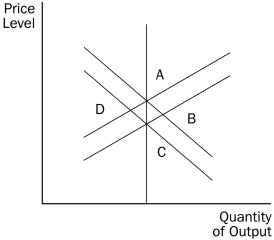 Consider the exhibit below for the following questions. Figure 33-1    -Refer to Figure 33-1.If the economy is at A and there is a fall in aggregate demand,in the short run the economy A) stays at a. B) moves to B. C) moves to C. D) moves to D.