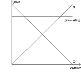 Figure 6-1 Panel (a)  Panel (b)      -Refer to Figure 6-1. The price ceiling shown in panel (b)  A)  is not binding. B)  creates a surplus. C)  creates a shortage. D)  Both a)  and b)  are correct.
