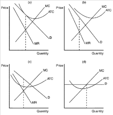 Figure 16-5   -Refer to Figure 16-5. Panel a shows a profit-maximizing monopolistically competitive firm that is A)  earning zero economic profit. B)  likely to exit the market in the long run. C)  producing its efficient scale of output. D)  not maximizing its profit.