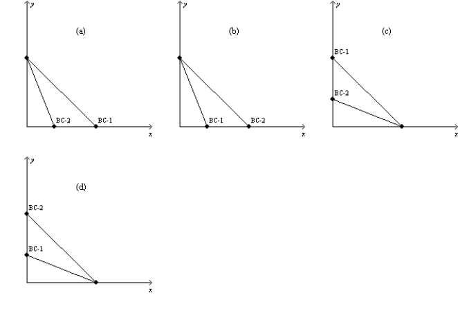 Figure 21-3 In each case, the budget constraint moves from BC-1 to BC-2.   -Refer to Figure 21-3. Which of the graphs in the figure could reflect a simultaneous decrease in the prices of both goods? A)  (i)  only B)  (iv)  only C)  (ii)  or (iii)  only D)  None of the above is correct.