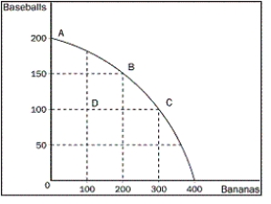 Figure 2-6    -Refer to Figure 2-6.What is the opportunity cost to society of moving from point B to point D? A) 100 bananas and 100 baseballs B) 50 bananas and 50 baseballs C) 100 bananas and 50 baseballs D) 50 bananas and 100 baseballs
