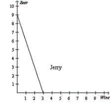 <strong>Figure 3-4 Refer to Figure 3-4.For Jerry,what is the opportunity cost of one bottle of beer?</strong> A)1/3 bottle of wine B)1/2 bottle of wine C)1 bottle of wine D)3 bottles of wine