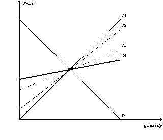 Figure 8-16    -Refer to Figure 8-16.Suppose the government imposes a $1 tax in each of the four markets represented by supply curves S1,S2,S3,and S4.The deadweight will be the smallest in the market represented by A)  S1. B)  S2. C)  S3. D)  S4.
