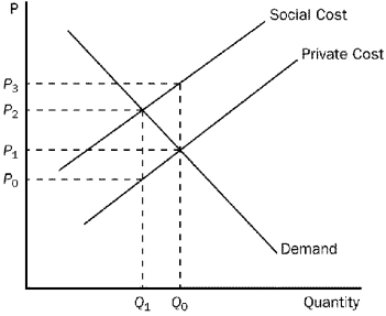 Figure 10-14    -Refer to Figure 10-14.Which of the following statements is correct? A)  To induce firms to internalize the externality in this market, the government should impose a tax measured by P2 - P0. B)  To induce firms to internalize the externality in this market, the government should offer a subsidy measured by P2 - P0. C)  To induce firms to internalize the externality in this market, the government should impose a tax measured by P2 - P1. D)  There is no externality in this market.