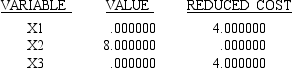 LINDO output is given for the following linear programming problem. MIN 12 X1 + 10 X2 + 9 X3 SUBJECT TO 2)5 X1 + 8 X2 + 5 X3 >= 60 3)8 X1 + 10 X2 + 5 X3 >= 80 END LP OPTIMUM FOUND AT STEP 1 OBJECTIVE FUNCTION VALUE 1)80.000000      NO.ITERATIONS= 1 RANGES IN WHICH THE BASIS IS UNCHANGED:       a.What is the solution to the problem? b.Which constraints are binding? c.Interpret the reduced cost for x<sub>1</sub>. d.Interpret the dual price for constraint 2. e.What would happen if the cost of x<sub>1</sub> dropped to 10 and the cost of x<sub>2</sub> increased to 12?
