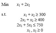 The binding constraints for this problem are the first and second. a.Keeping c<sub>2</sub> fixed at 2, over what range can c<sub>1</sub> vary before there is a change in the optimal solution point? b.Keeping c<sub>1</sub> fixed at 1, over what range can c<sub>2</sub> vary before there is a change in the optimal solution point? c.If the objective function becomes Min 1.5x<sub>1</sub> + 2x<sub>2</sub>, what will be the optimal values of x<sub>1</sub>, x<sub>2</sub>, and the objective function? d.If the objective function becomes Min 7x<sub>1</sub> + 6x<sub>2</sub>, what constraints will be binding? e.Find the dual price for each constraint in the original problem.
