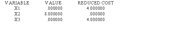 LINGO output is given for the following linear programming problem. MIN 12 X1 + 10 X2 + 9 X3 SUBJECT TO 2)5 X1 + 8 X2 + 5 X3 >= 60 3)8 X1 + 10 X2 + 5 X3 >= 80 END LP OPTIMUM FOUND AT STEP 1 OBJECTIVE FUNCTION VALUE 1)80.000000 NO.ITERATIONS= 1 RANGES IN WHICH THE BASIS IS UNCHANGED: a.What is the solution to the problem? b.Which constraints are binding? c.Interpret the reduced cost for x<sub>1</sub>. d.Interpret the dual price for constraint 2. e.What would happen if the cost of x<sub>1</sub> dropped to 10 and the cost of x<sub>2</sub> increased to 12?