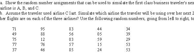 Three airlines compete on the route between New York and Los Angeles.Stanton Marketing has performed an analysis of first class business travelers to determine their airline choice.Stanton has modeled this choice as a Markov process and has determined the following transition probabilities. 