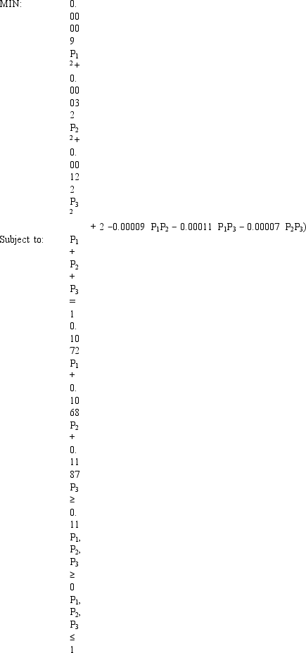 An investor is developing a portfolio of stocks.She has identified 3 stocks in which to invest.She wants to earn at least 11% return but with minimum risk. Let: P<sub>i </sub>= proportion of total funds invested in i,i = A,B,C The NLP for this problem is:     What formulas should go in cells G4:J14 of the spreadsheet for this problem? NOTE: Formulas are not required in all of these cells.       