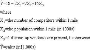The following regression model has been proposed to predict sales at a fast food outlet.    a.What is the interpretation of 15 (the coefficient of X<sub>3</sub>) in the regression equation? b.Predict sales for a store with 2 competitors, a population of 10,000 within one mile, and one drive-up window (give the answer in dollars). c.Predict sales for the store with 2 competitors, a population of 10,000 within one mile, and no drive-up window (give the answer in dollars).