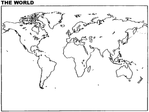 Please use this outline map of the world to answer the question(s).    -Referring to Map 9.1, shade in the areas that were Catholic, Protestant, and Calvinist