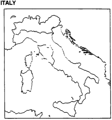 Please use this outline map of Italy to answer the question(s).    -On a map of the Italian Peninsula, define the following areas: the Kingdom of the Two Sicilies, of Piedmont-Sardinia; the Papal States; Parma, Modena, and Tuscany; Venetia; and Lombardy. Next to each, place the date when the areas were incorporated into Italy.