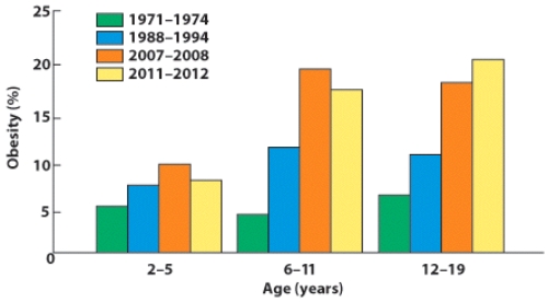 In 2007-2008, children aged ____ had the highest percentage of obese children.   A)  2-5 years B)  6-11 years C)  12-19 years