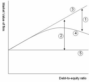 NARRBEGIN: Tax Trade Off theory   -A graphical representation of The Trade-Off Model is shown.Various components of the graph are labeled.Which of the following corresponds to line 1? A)  Present value of interest tax shields on debt B)  Present value of expected bankruptcy and agency costs C)  Value of levered firm with bankruptcy costs D)  Value of levered firm in the absence of bankruptcy and agency costs E)  Value of firm under all-equity financing