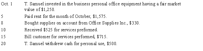 The chart of accounts for Samuel's Trucking Company is as follows: Samuel's trucking Company completed the following transactions in October:    Instructions: Journalize the transactions for October using quality format in the journal and post to appropriate ledger accounts.   