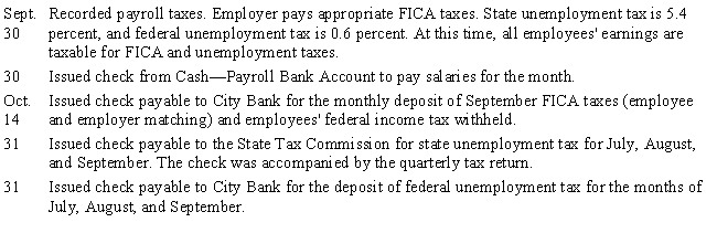 Hardy Company has the following balances in its general ledger as of September 1 of this year: 1. FICA Taxes Payable (liability for August), $1,150.00 (employee and employer). 2. Employees' Federal Income Tax Payable (liability for August), $908.00. 3. Federal Unemployment Tax Payable (liability for July and August), $215.00. 4. State Unemployment Tax Payable (liability for July and August), $1,262.75. The company completed the following transactions involving the payroll during September and October: ? ?    ??    ?    ? Instructions: Record the transactions in the general journal.