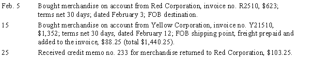 Black Corporation had the following transactions take place in February of this year: Instructions:     1.Record the transactions in the purchases or general journal, as appropriate. 2.Open the following accounts in the accounts payable ledger and record the February 1 beginning balances, if any, as given: Red Corporation, $300; Yellow, $665. For the accounts having balances write  Balance  in the item column and place a check mark in the Post. Ref. column. 3.Post to the accounts payable ledger and prepare schedule of accounts payable.