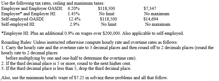 Instruction 3-1    -Refer to Instruction 3-1.Dee is paid $1,345 on November 8,20--.Dee had cumulative gross earnings,including overtime pay,of $117,200 prior to this pay. a)The amount of OASDI taxes to withhold from Dee's pay is __________. b)The amount of HI taxes to withhold from Dee's pay is __________.