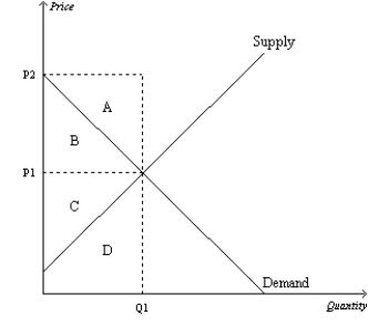 Figure 7-21   -Refer to Figure 7-21. Which area represents consumer surplus when the price is P1? A) A B) B C) C D) D