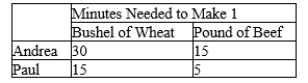 Table 3-4 Assume that Andrea and Paul can switch between producing wheat and producing beef at a constant rate.   -Refer to Table 3-4. Which of the following combinations of wheat and beef could Andrea produce in one 8-hour day? A) 16 bushels of wheat and 32 pounds of beef B) 9 bushels of wheat and 25 pounds of beef C) 7 bushels of wheat and 15 pounds of beef D) 10 bushels of wheat and 13 pounds of beef