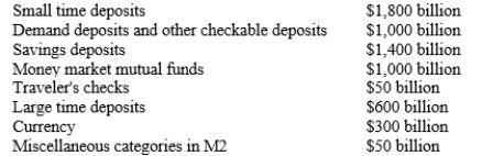 Given the following information, what are the values of M1 and M2?   A) M1 = $3,150 billion, M2 = $6,200 billion. B) M1 = $1,350 billion, M2 = $5,600 billion. C) M1 = $1,400 billion, M2 = $6,200 billion. D) M1 = $1,300 billion, M2 = $5,600 billion.