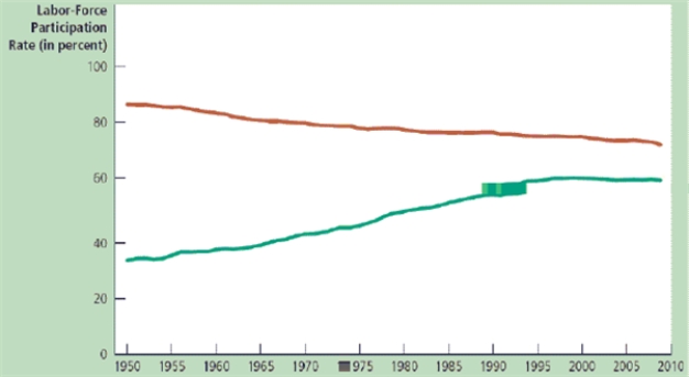 Figure 28-2   -Refer to Figure 28-2. What do the two lines in the figure measure? A) The top line is the labor force participation rate, and the bottom line is the unemployment rate. B) The top line is the labor force participation rates of the college-educated population, and bottom line is the labor force participation rates of the high-school-educated population. C) The top line is the foreign labor force participation rate, and the bottom line is the domestic labor force participation rate. D) The top line is the labor force participation rates of men, and the bottom line is the labor force participation rates of women.