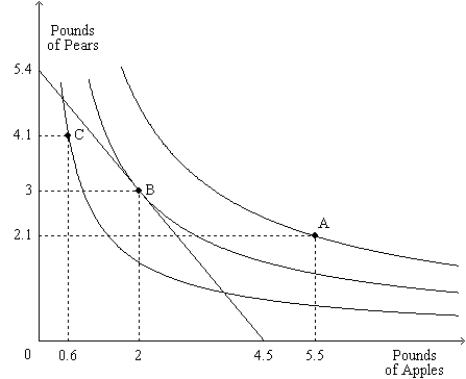 Figure 21-24 The figure shows three indifference curves and a budget constraint for a certain consumer named Steve.   -Refer to Figure 21-24. About what percentage of his income is Steve spending on apples when he is at his optimum? A) 33.3 percent B) 38.2 percent C) 44.4 percent D) 56.7 percent