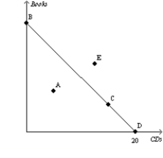 Figure 21-1 The downward-sloping line on the figure represents a consumer's budget constraint.   -Refer to Figure 21-1. A consumer who chooses to spend all of her income could be at which point(s)  on the figure? A) A only B) E only C) B, C, or D only D) A, B, C, or D only