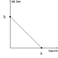 Figure 21-6   -Refer to Figure 21-6. Suppose a consumer has $200 in income, the price of popcorn is $1, and the price of Mt. Dew is $2. What is the value of A? A) 200 B) 100 C) 50 D) 25