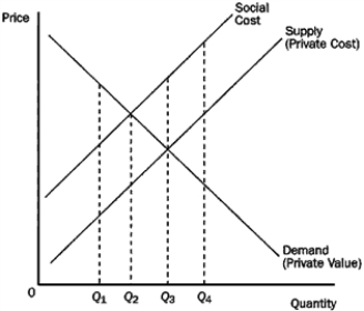 Figure 10-4   -Refer to Figure 10-4. This market A) has no need for government intervention. B) would benefit from a tax on the product. C) would benefit from a subsidy for the product. D) would maximize total well-being at Q<sub>3</sub>.